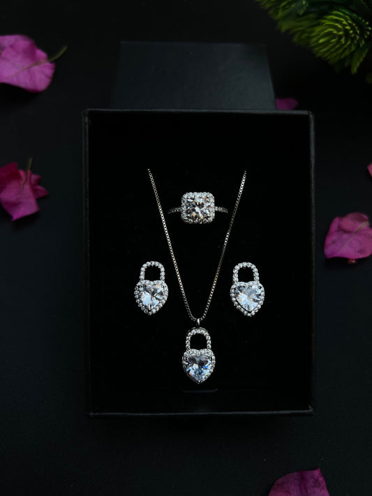 4-pieces silver color Lock shape Neckless Ring and Earrings jewelry set